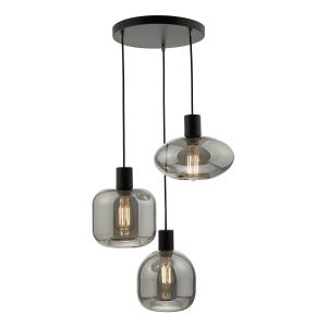 Aiden 3 Light E27 Satin Black Adjustable Cluster Pendant With 3 Large Mirror Smoked Glass Shades