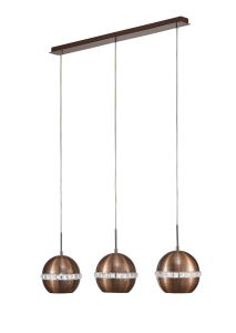 Andrea Pendant 3 Light E27 Linear Satin Copper/Crystal