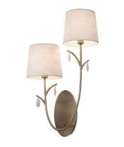 Andrea Wall Light, 2 x E14 (Max 20W), Antique Brass, White Shades, White Crystal Droplets