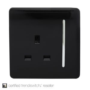 Trendi, Artistic Modern 1 Gang 13Amp Switched Socket Gloss Black Finish, BRITISH MADE, (25mm Back Box Required), 5yrs Warranty