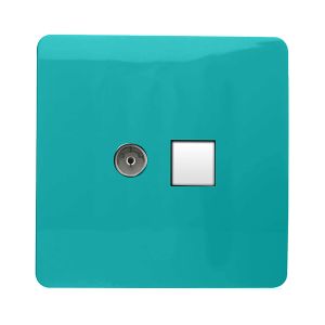Trendi, Artistic Modern TV Co-Axial & PC Ethernet Bright Teal Finish, BRITISH MADE, (35mm Back Box Required), 5yrs Warranty