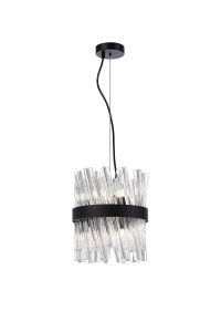 Asner Pendant Round 25cm 6 Light G9, Satin Black / Clear Sculpted Glass