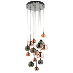 Aurelisbon 15 Light G4 Polished Chrome Adjustable Cluster Pendant Copper With Copper, Dark Copper & Bronze Glass Shades
