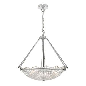 Avril 3 Ligh E14 Polished Nickel Adjustable Pendant With Clear Ribbed Curved Glass