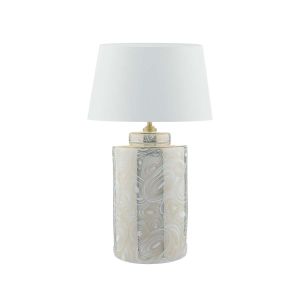 Ayesha 1 Light E27 White With Gold Table Lamp With Inline Switch C/W Cezanne White Faux Silk Tapered 35cm Drum Shade