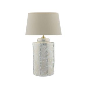 Ayesha 1 Light E27 White With Gold Table Lamp With Inline Switch C/W Cezanne Taupe Faux Silk Tapered 35cm Drum Shade