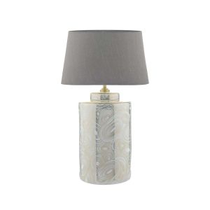 Ayesha 1 Light E27 White With Gold Table Lamp With Inline Switch C/W Cezanne Grey Faux Silk Tapered 35cm Drum Shade