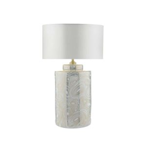 Ayesha 1 Light E27 White With Gold Table Lamp With Inline Switch C/W Hilda Ivory Faux Silk 35cm Drum Shade