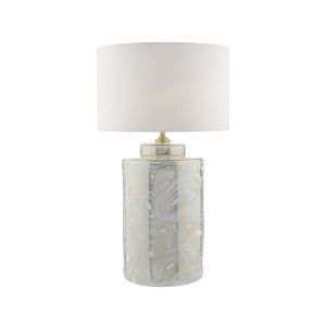 Ayesha 1 Light E27 White With Gold Table Lamp With Inline Switch C/W Olalla Ivory Faux Silk 34cm Drum Shade