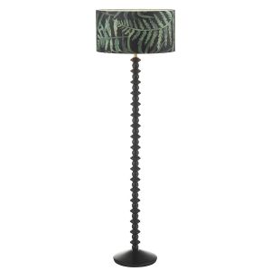 Louisna 1 Light E27 Black Ash Floor Lamp With Foot Switch C/W Bamboo Green Leaf Cotton 49cm Drum Shade