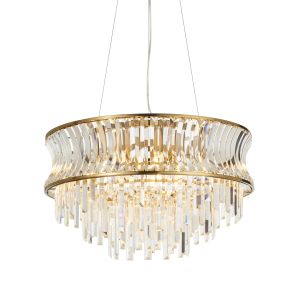 Cosimo 9 Light E14 Brushed Warm Brass Adjustable Pendant With Concave Clear Glass & Clear Cut Faceted Glass Crystals