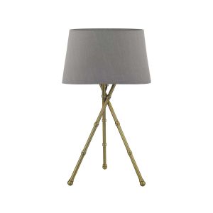 Bamboo 1 Light E27 Antique Brass Tripod Table Lamp With Inline Switch C/W Cezanne Grey Faux Silk Tapered 35cm Drum Shade