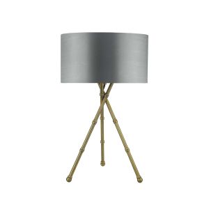 Bamboo 1 Light E27 Antique Brass Tripod Table Lamp With Inline Switch C/W Hilda Grey Faux Silk 35cm Drum Shade
