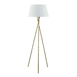 Bamboo 1 Light E27 Antique Brass Tripod Floor Lamp With Inline Foot Switch C/W Cezanne White Faux Silk Tapered 45cm Drum Shade