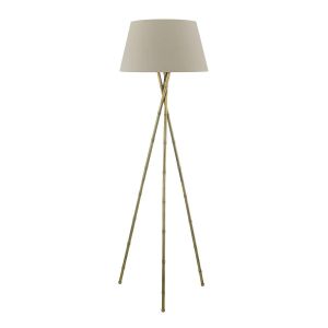 Bamboo 1 Light E27 Antique Brass Tripod Floor Lamp With Inline Foot Switch C/W Cezanne Taupe Faux Silk Tapered 45cm Drum Shade