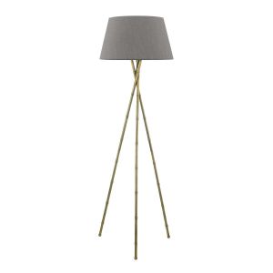 Bamboo 1 Light E27 Antique Brass Tripod Floor Lamp With Inline Foot Switch C/W Cezanne Grey Faux Silk Tapered 45cm Drum Shade