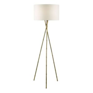Bamboo 1 Light E27 Antique Brass Tripod Floor Lamp With Inline Foot Switch C/W Pyramid White Linen 46cm Drum Shade