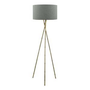 Bamboo 1 Light E27 Antique Brass Tripod Floor Lamp With Inline Foot Switch C/W Pyramid Grey Linen 46cm Drum Shade
