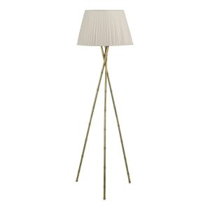 Bamboo 1 Light E27 Antique Brass Tripod Floor Lamp With Inline Foot Switch C/W Ulyana Ivory Faux Silk Pleated 45cm Shade