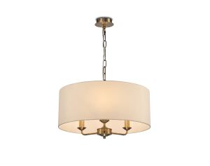 Banyan 3 Light Multi Arm Pendant, With 1.5m Chain, E14 Antique Brass With 50cm x 20cm Faux Silk Shade, Ivory Pearl/White Laminate