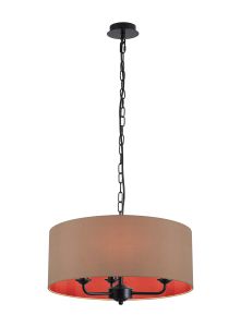 Banyan 3 Light Multi Arm Pendant With 50cm x 20cm Dual Faux Silk Fabric Shade Matt Black/Antique Gold