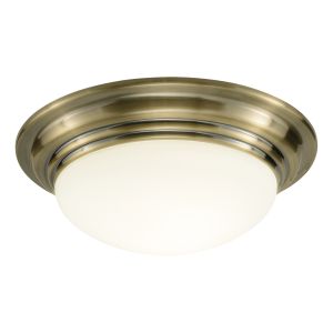 Barclay 1 Light E27 Large Bathroom IP44 Antique Brass Flush With Opal Glass
