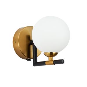 Pinetti 1 Light G9 Switched Wall Light In Matt Black & Antique Brass Finish C/W With Round Opal Glass Shade