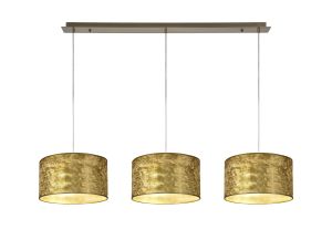 Baymont Antique Brass 3 Light E27 Linear Pendant With 30cm x 17cm Gold Leaf Shade 2m