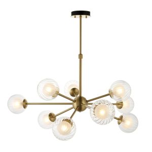 Duri 9 Light G9 Satin Brass Adjustable Telescopic Ceiling Light With Clear Ribbed & Frosted Glass Globe Shades