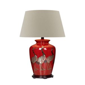 Bertha 1 Light E27 Red With Bird Detail Table Lamp With Inline Switch C/W Cezanne Taupe Faux Silk Tapered 45cm Drum Shade