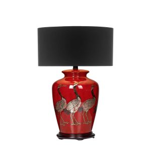 Bertha 1 Light E27 Red With Bird Detail Table Lamp With Inline Switch C/W Coco Black Cotton 42cm Drum Shade