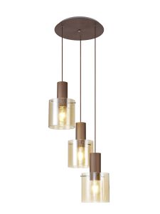 Blok Round Pendant, 3 Light Adjustable E27, Mocha/Amber Glass