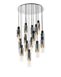 Blokus Round Pendant, 15 Light Adjustable E27, Black/Smoke Fade Glass, Item Weight: 25.3kg