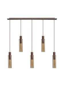 Blokus Linear Pendant, 5 Light Adjustable E27, Mocha / Amber Glass