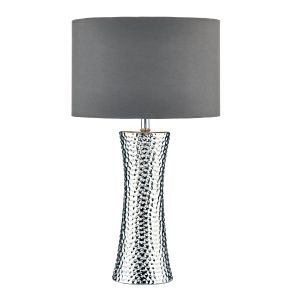 Bokara 1 Light E27 Silver Hammered Style Table Lamp With Inline Switch C/W Grey Faux Satin Drum Shade