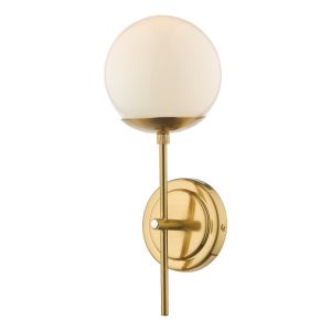 Bombazine 1 Light E14 Natural Brass Wall Light With Pull Cord Switch C/W Opal Glass Shade