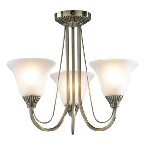 Boston 3 Light E14 Antique Brass Semi Flush Ceiling Fitting With Opaque Glass Shades