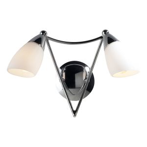 Bureau 2 Light E14 Polished Chrome Wall Light With Pull Switch C/W Opal Glass Shades