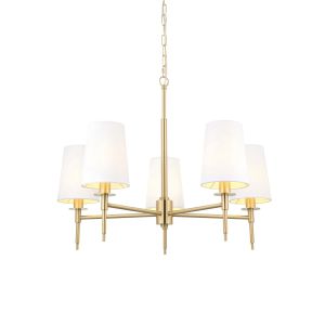 Chao 5 Light E14 Satin Brass Adjustable Pendant With Vintage White Fabric Shades
