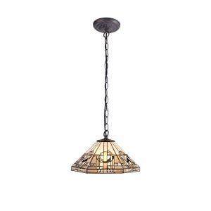 Calpe 1 Light Downlighter Pendant E27 With 40cm Tiffany Shade, White/Grey/Black/Clear Crystal/Aged Antique Brass