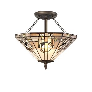 Calpe 3 Light E27 Semi Flush With Tiffany Shade 40cm Shade, White/Grey/Black/Clear Crystal/Aged Antique Brass