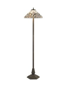 Calpe 2 Light Octagonal Floor Lamp E27 With 40cm Tiffany Shade, White/Grey/Black/Clear Crystal/Aged Antique Brass