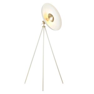 Tara 1 Light E27 White Coned Adjustable Tripod Floor Lamp With Brushed Brass Detail With Toggle Switch
