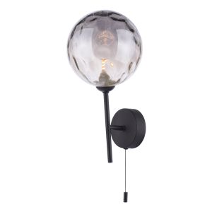 Cohen 1 Light G9 Matt Black Wall Light With Pull Switch C/W Clear Smoked Dimpled Glass Shade