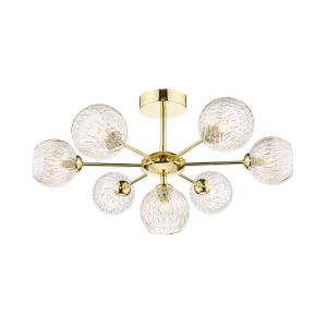 Cohen 7 Light G9 Polished Gold Semi Flush Fitting C/W Clear Glass Shades & Inner Wire Detail