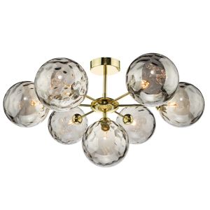 Cohen 7 Light G9 Polished Gold Semi Flush Fitting C/W Smoked Dimpled Glass Shades