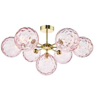 Cohen 7 Light G9 Polished Gold Semi Flush Fitting C/W Pink Dimpled Glass Shades