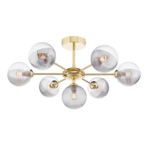 Cohen 7 Light G9 Polished Gold Semi Flush Fitting C/W 10cm Smoked & Clear Ribbed Glass Shade