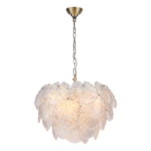 Courtney 10 Light E14 Antique Brass Adjustable Pendant With Textured Glass Leaves