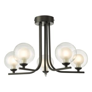 Cradle 5 Light G9 Matt Black Semi Flush Ceiling Light C/W Clear & Opal Glass Shade